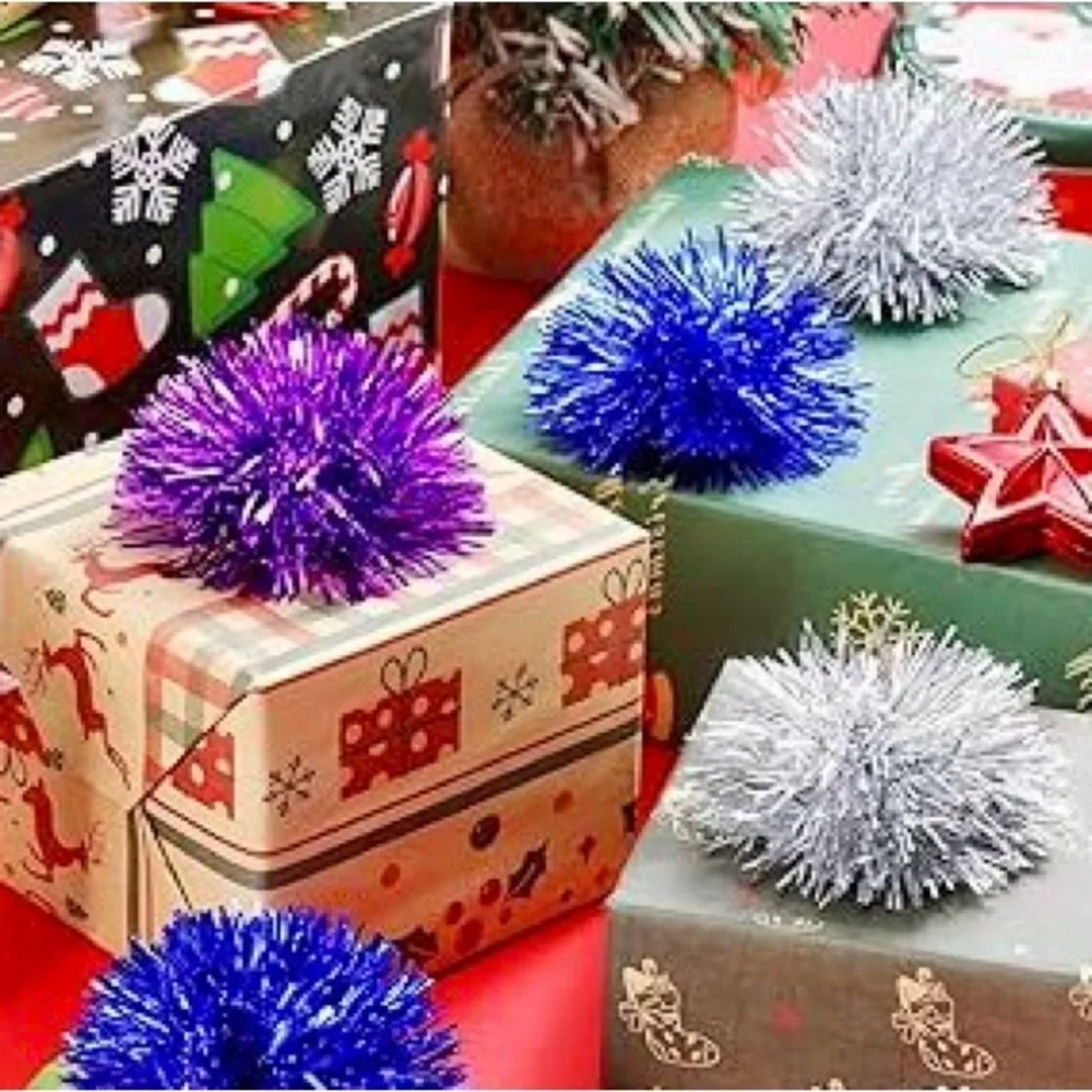 4 Red Metallic Pom Pom Bows for Party Gift Wrap